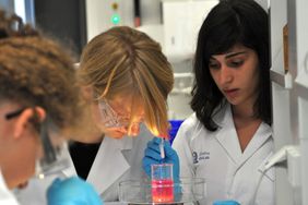 Schülerinnen bei einem biowissenschaftlichen Experiment